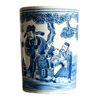 Chinese Ceramic Pot,Blue and White Porcelain Brush Pot Hand Painted Figures Story Pattern For Sale