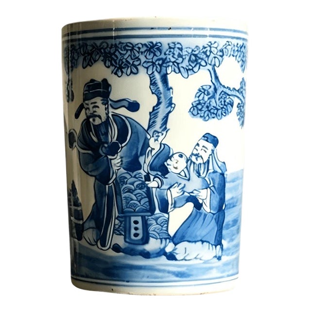 Chinese Ceramic Pot,Blue and White Porcelain Brush Pot Hand Painted Figures Story Pattern For Sale