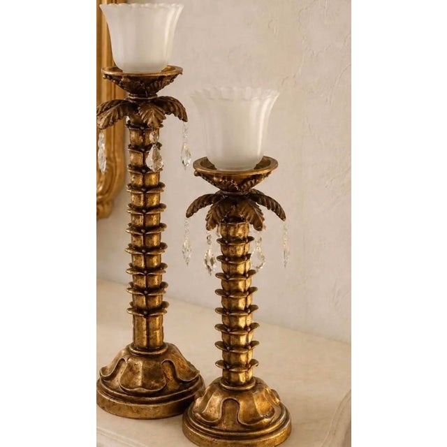 Vintage Gold Palm Tree Candle Holders With Crystal Prisms – Pair For Sale - Image 4 of 5