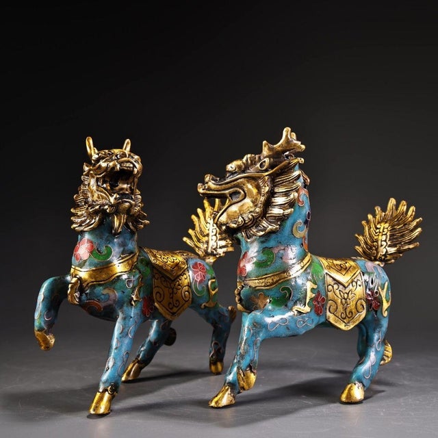 Mid 20th Century Pair of Gilt Cloisonne Enamel Qilin Figures – 5.1" Mythical Beast Statues For Sale - Image 4 of 10