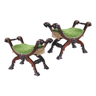 Gothic Revival Stools with Carved Lion Heads by Victor Aimone, 1880s, Set of 2 For Sale