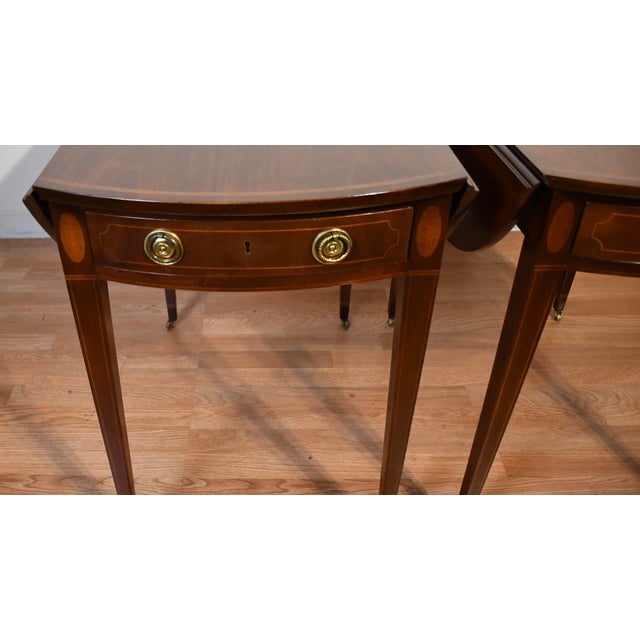 1940 Pair of Baker Furniture Regency Mahogany Inlaid Pembroke Side / End Tables For Sale - Image 6 of 18
