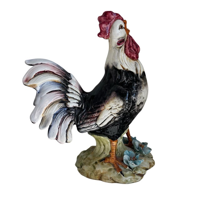Farmhouse Vintage Italian Majolica Hand Painted Ardalt Rooster Figurine Floral Detail For Sale - Image 3 of 10