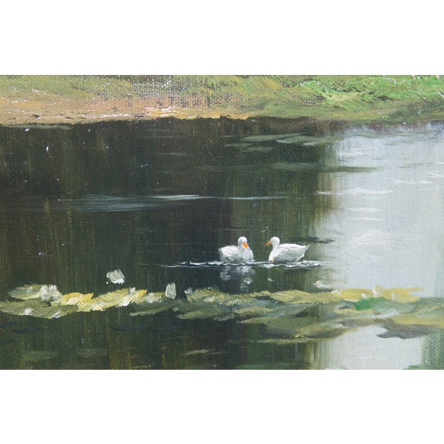 Mid 20th Century Vintage Impressionist Style Water Lily Pad Landscape Painting Oil on Canvas, Framed For Sale - Image 6 of 12