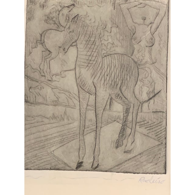 Original Signed Etching of Horse and Nude Woman Overall size in Beautiful frame: 13x15” Signed in pencil “Rodiero”.