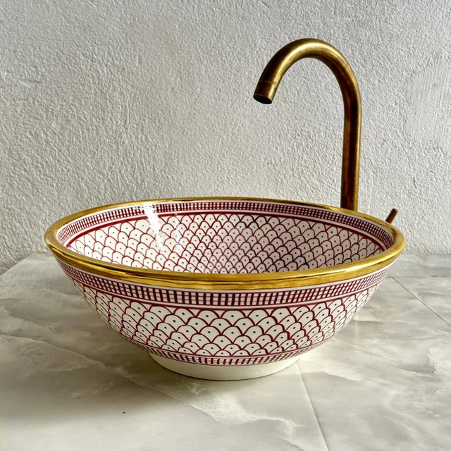 Moroccan Ceramic Sink With 14k Gold Rim Vessel Round Sink Bowl Basin With Drain For Sale - Image 3 of 10