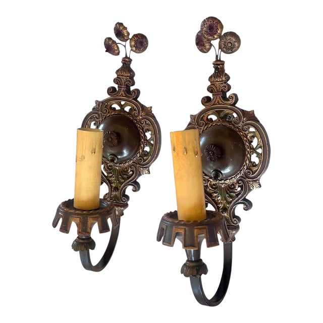 Antique Patina Painted Floral, Roping and Filigree Sconces Circa 1920 - a Pair For Sale