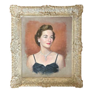 Vintage Mid Century/ Regency Original Society Oil Portrait on Canvas of Socialite Doris Campbell by Listed Artist Victor Lallier in Gilt Wood Frame For Sale