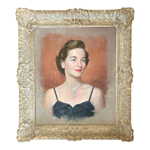 Vintage Mid Century/ Regency Original Society Oil Portrait on Canvas of Socialite Doris Campbell by Listed Artist Victor Lallier in Gilt Wood Frame