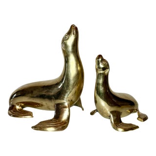 Vintage Mid-Century Brass Sea Lions Pair - Elegant Metal Art for Home Decor For Sale
