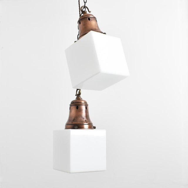 Opaline Cube Pendant Lights from Holophane, 1940s, Set of 2 For Sale - Image 6 of 6