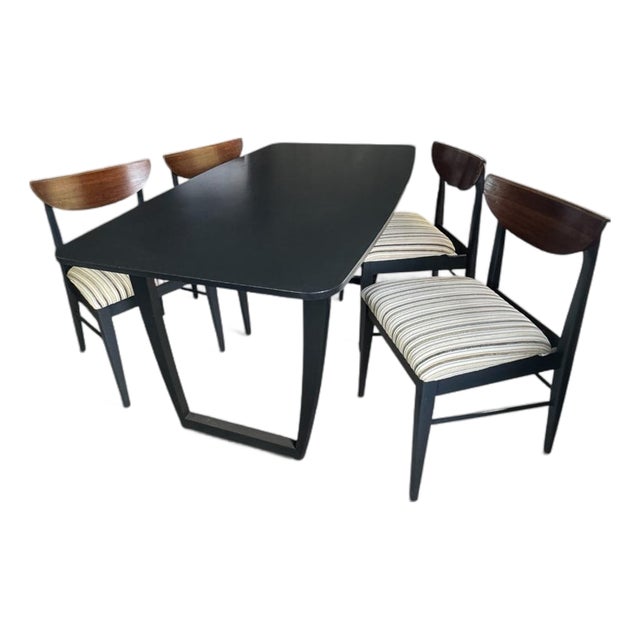 Restored MCM 5-Piece Dinette Set | Black Trapezoid Loop-Leg Table & Walnut Upholstered Dining Chairs For Sale