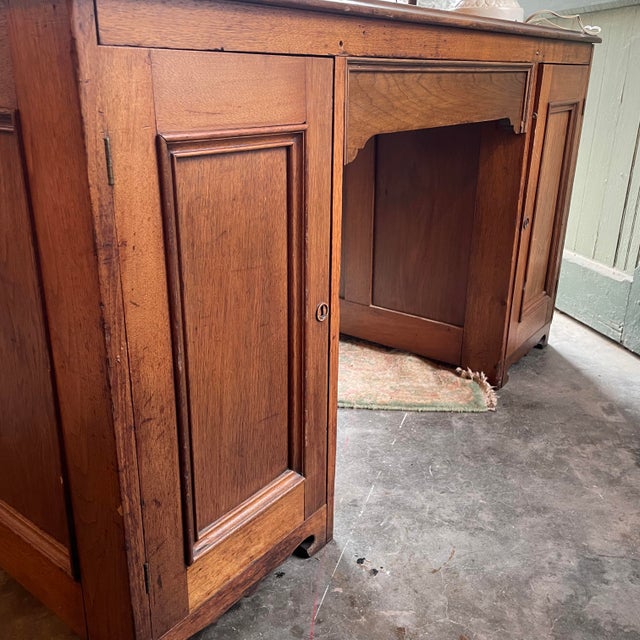 Brown Early 20th Century Arts and Crafts Era Oak Partners Desk Wit Carved Pulls For Sale - Image 8 of 11