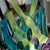 Striking fused art glass basket bowl featuring an organic coral-inspired form with luminous iridescent blue and green...