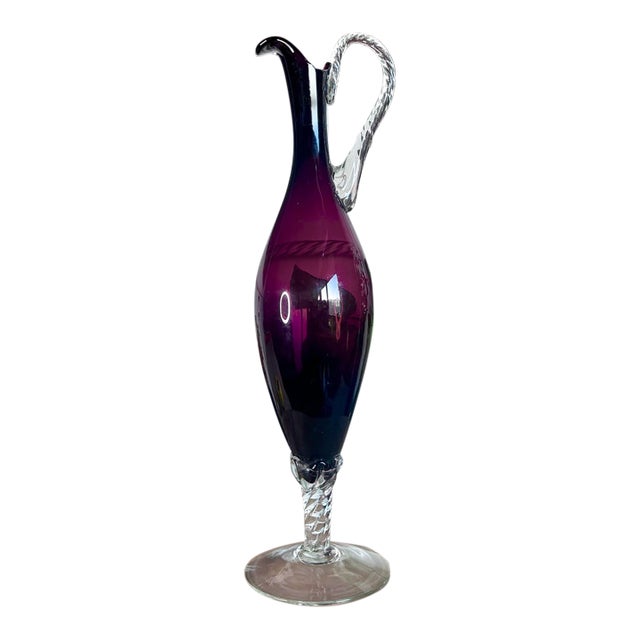 Vintage Hand Blown Italian Empoli Amethyst Art Glass Pitcher With Twisted Handle For Sale