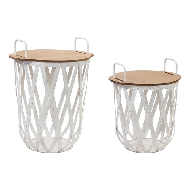 Metal and Wood Side Basket Tables (Set of 2) For Sale