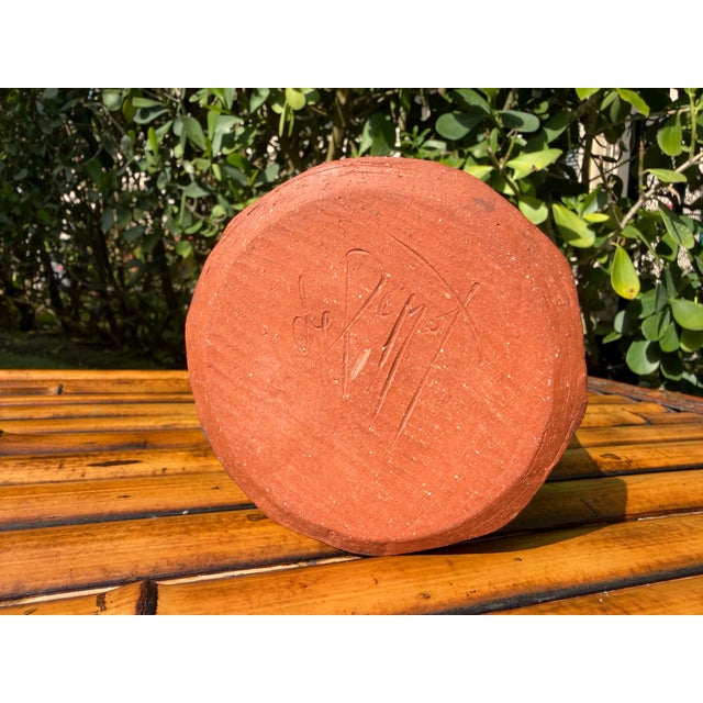 Signed 6.5” Terracotta Studio Pottery Vase With Sculptural Wavy Rim For Sale - Image 10 of 10