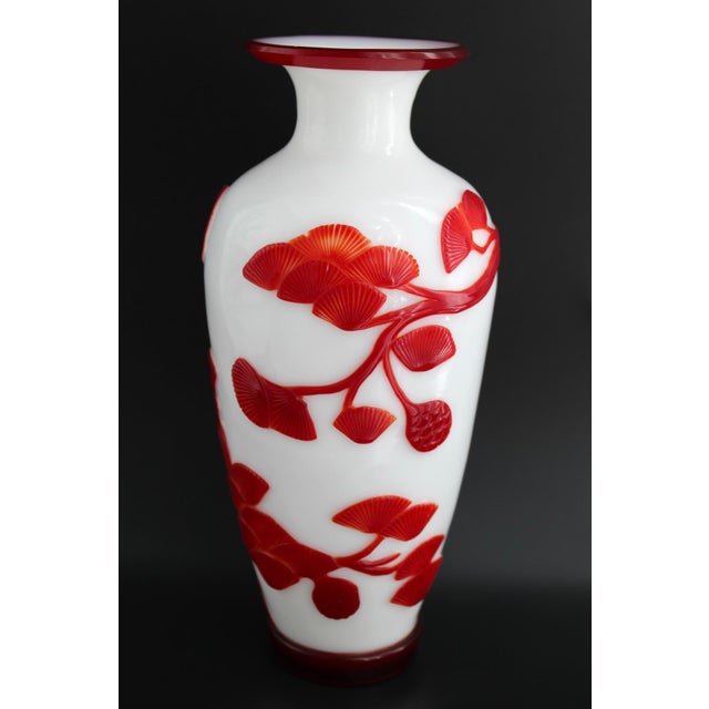 1900 - 1909 Antique Chinese Red & White Peking Glass Vase, Hand Carved Monkey, C1910 For Sale - Image 5 of 13