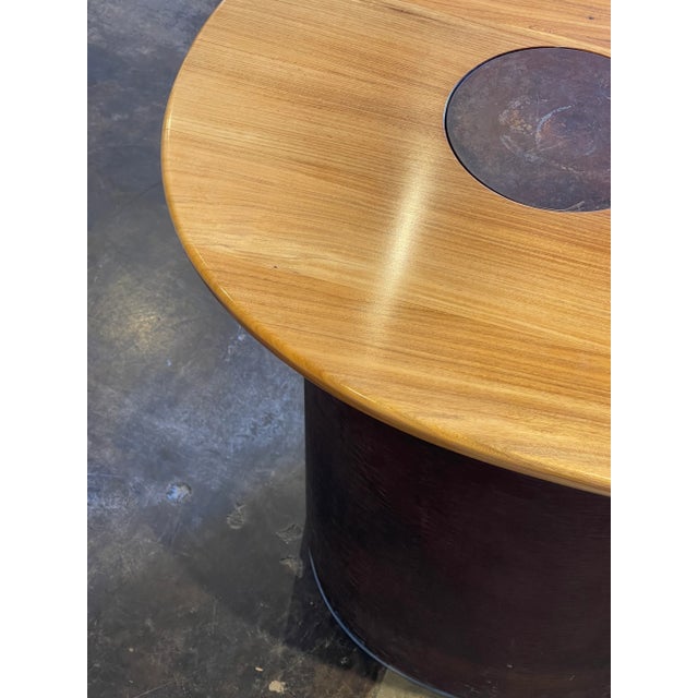 2010s Custom Made Swivel Wooden Side Table With Metal Base For Sale - Image 5 of 11