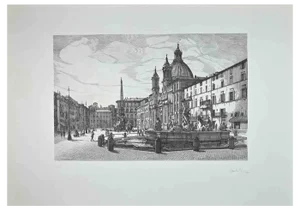 Giuseppe Malandrino, View of Piazza Navona, Original Etching, 1970s