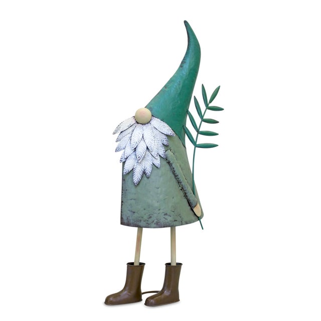 2020s Iron Metal Standing Garden Gnome with Flower (Set of 2) For Sale - Image 5 of 5
