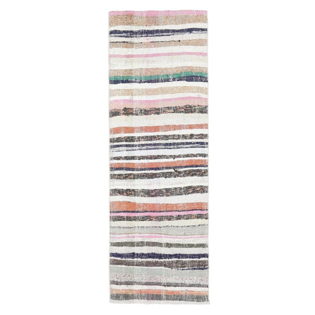 Vintage Turkish Hand-Knotted Wool Cotton White Kilim Runner Rug For Sale - Image 10 of 10