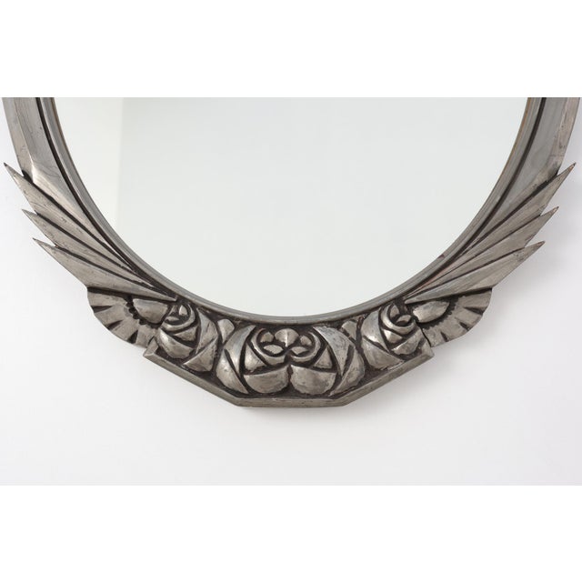 Art Deco French Oval Mirror with Carved Roses and Silver-Painted Frame, 1920s For Sale - Image 4 of 11