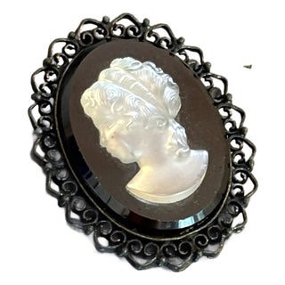 Black/White Iridescent Cameo Brooch For Sale