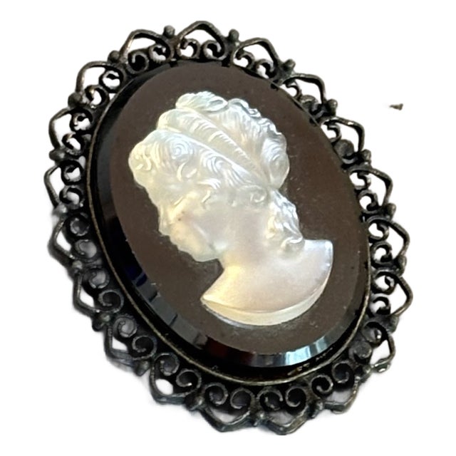 Black/White Iridescent Cameo Brooch For Sale