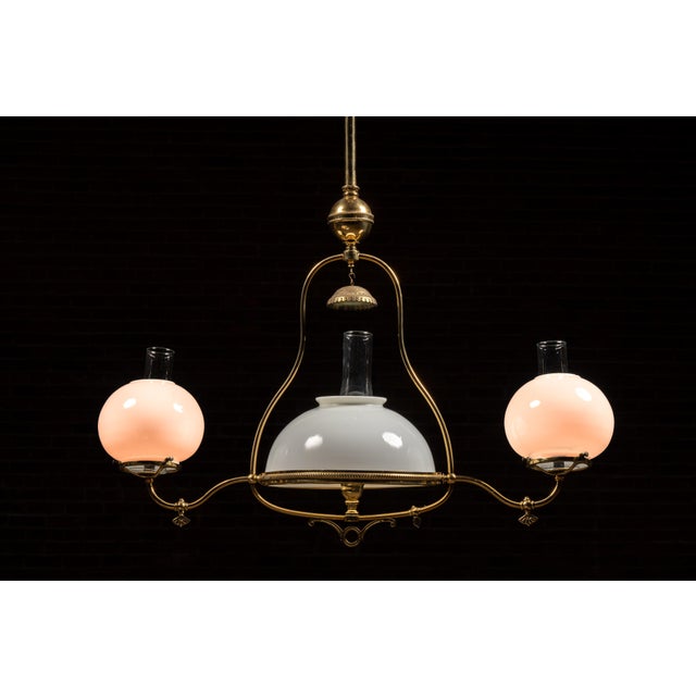 Late 19th Century Brass Triple-Arm Early Gas-Electric Chandelier With Milk Glass Shades For Sale - Image 4 of 8