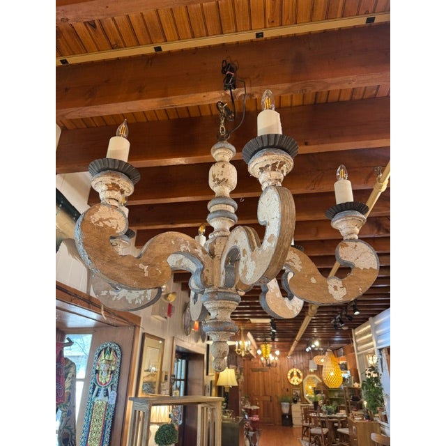 Early 20th Century Large Blue and White Chippy Wood Chandelier For Sale - Image 14 of 14