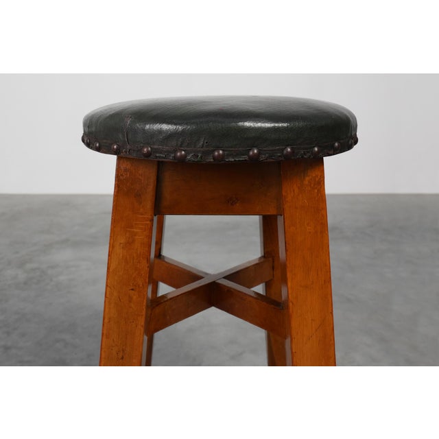Mid-Century Modern Early Art Deco Arts & Crafts Oak & Leather Stool, France, 1920s For Sale - Image 3 of 11