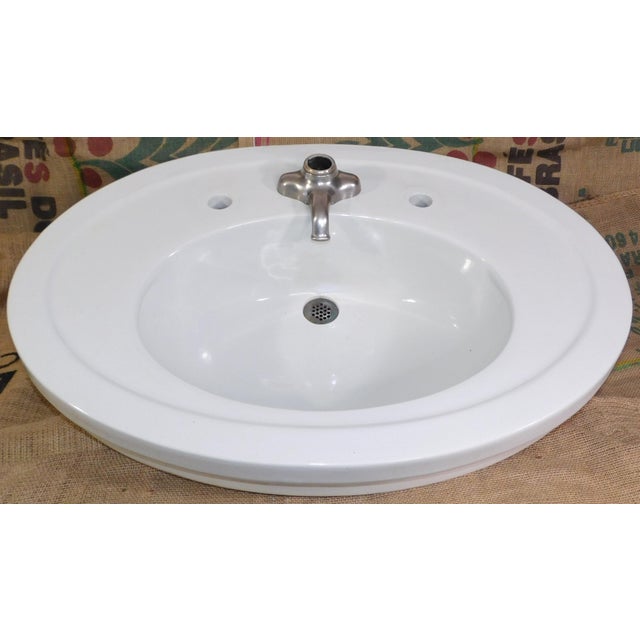 American Antique 1918 Trenton Potteries Company Impervio Large Vitreous China Pedestal Sink With Rare Faucet For Sale - Image 3 of 18