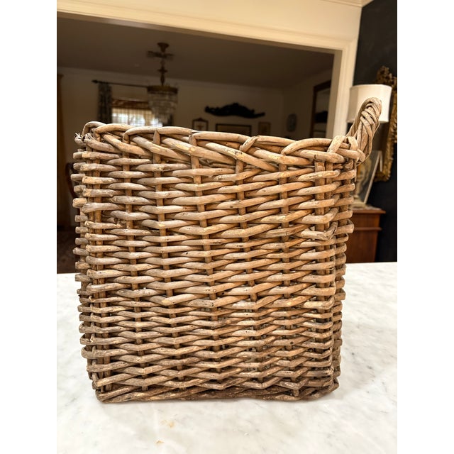 Farmhouse Vintage Kubu Rattan Rare, Rare One Handled, Almost Square Gathering Basket For Sale - Image 3 of 8