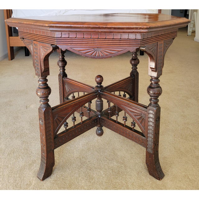 1880s Eastlake Octagonal Burlwood Gaming Table For Sale - Image 9 of 17
