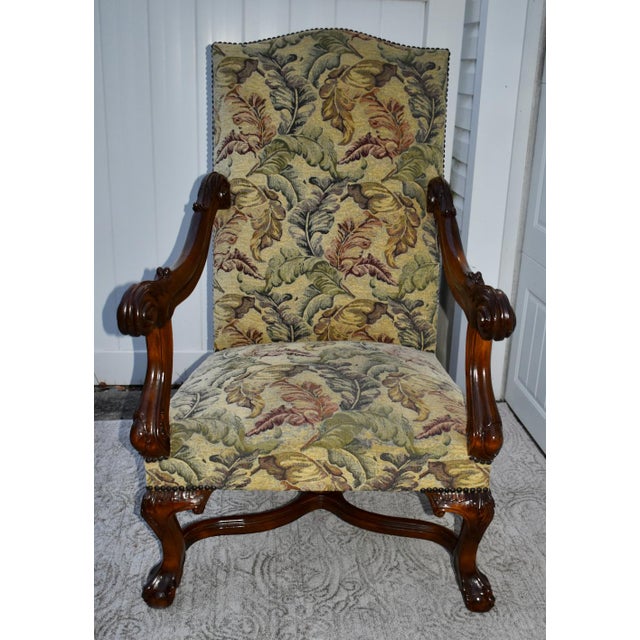 1950s Renaissance Revival Armchair High Back Carved Floral Tapestry For Sale - Image 9 of 13