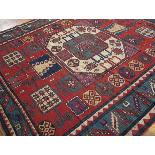 Traditional 1880s Red Geometric Antique Caucasian Kazak Karachopf Rug 6'2" X 7'3" Knotted Pile Wool Carpet For Sale - Image 3 of 5