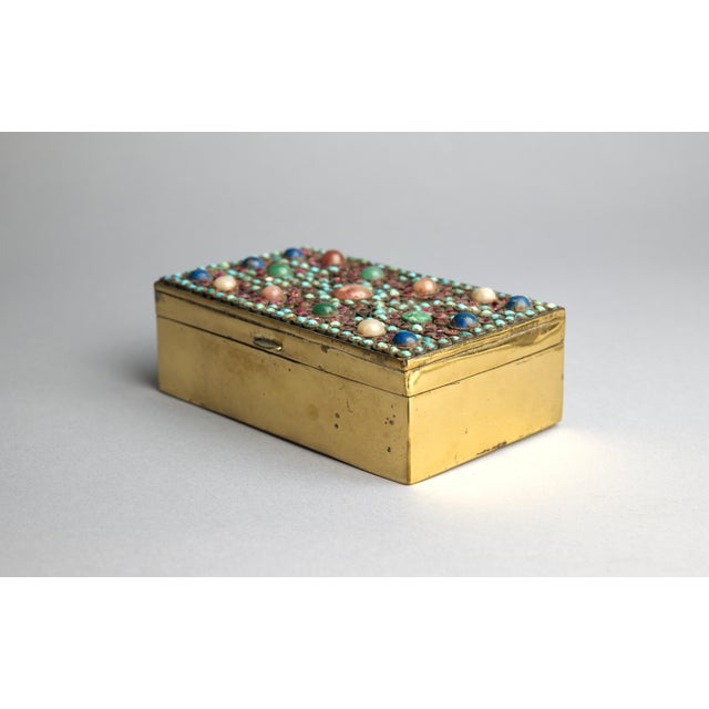 Mid 20th Century Mid 20th Century Nepalese Style Brass Jewelry Box With Turquoise, Lapis Lazuli & Chalcedony Inlay For Sale - Image 5 of 10