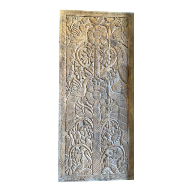 Vintage Hand-Carved Tree of Life Barn Door – Rustic Reclaimed Wood Statement Sliding Door 84x36 For Sale