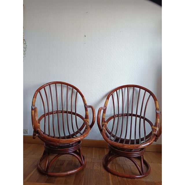 Swivel Rattan Lounge Chairs, 1970s, Set of 2 For Sale - Image 14 of 15