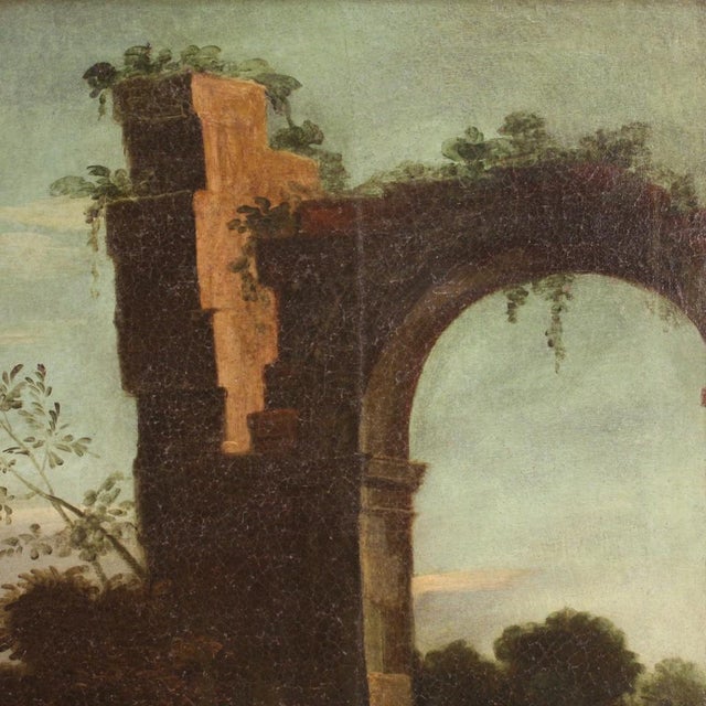 Italian Painting Landscape with Characters and Ruins, 1750, Oil on Canvas, Framed For Sale - Image 7 of 17