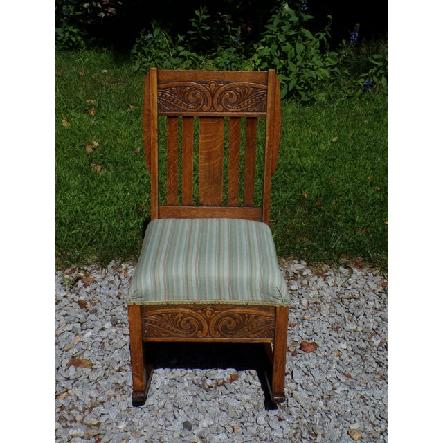 Antique Arts & Crafts Art Nouveau Mission Solid Oak Rocker Rocking Chair For Sale - Image 10 of 17
