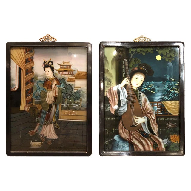 Glass Early 20th Century Antique Chinese Reverse Portrait Paintings - A Pair For Sale - Image 7 of 7