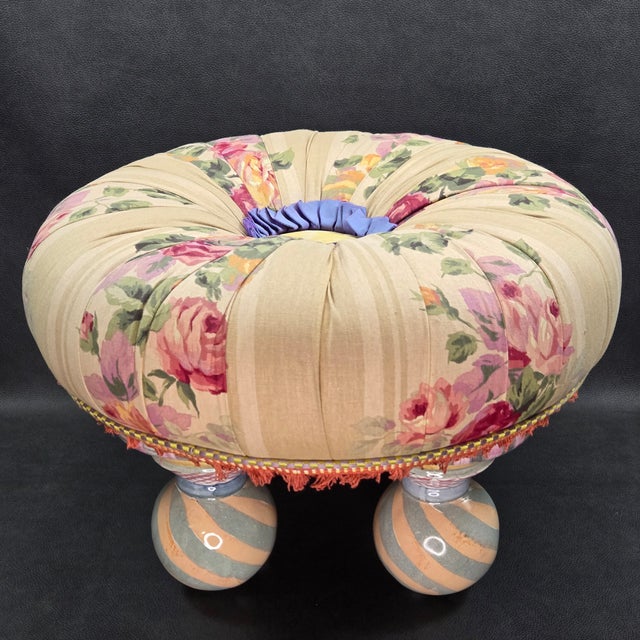 Mackenzie Childs 1990s Mackenzie Childs Rose Floral Upholstered Footstool or Ottoman, Ceramic Feet For Sale - Image 4 of 14