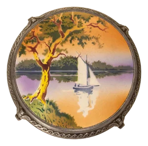 French Art Nouveau Zamac and Ceramic Lake Landscape, 1890s
