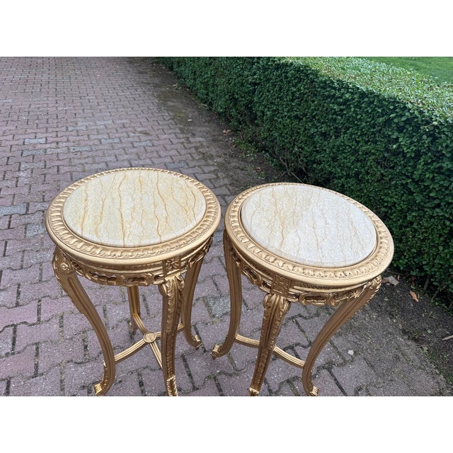 French 1970s French Louis XVI Gold Beech Marble Side Tables- Pair For Sale - Image 3 of 14