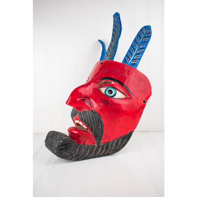 Large Vintage Hand Carved Red Diablo Costume Mask With Beard & Blue Feathers For Sale In Minneapolis - Image 6 of 18