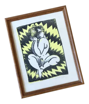 Vintage Art Deco Style Modernist Female Nude Holding Owl Print, Circa 1970s