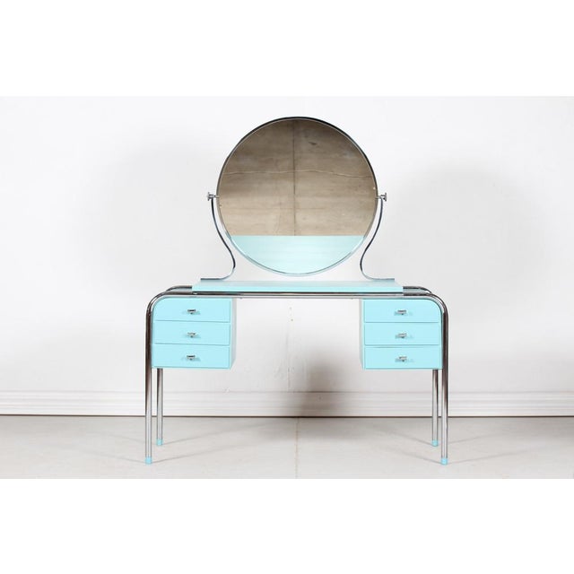 1930s Art Deco Danish Dressing Table with Round Mirror and Chair, 1930s, Set of 2 For Sale - Image 5 of 16