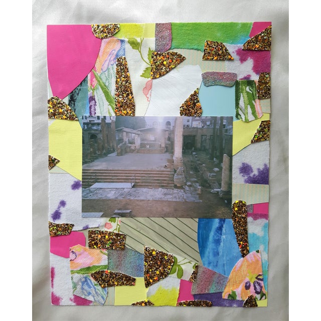 8.5" x 11" A colorful collage made of recycled paper, gold glitter cardstock, vintage textiles and a 35mm analog photo I...